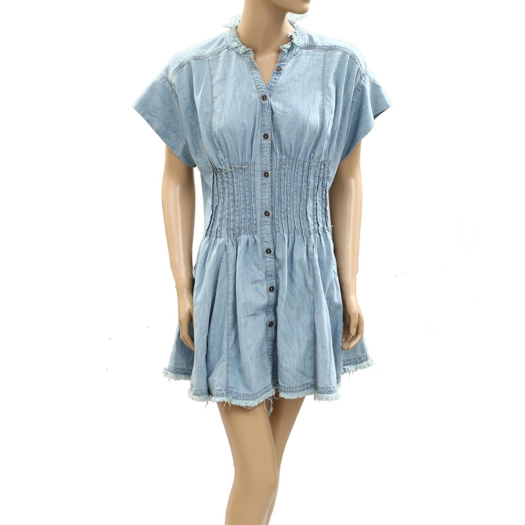 Anthropologie Pilcro Denim Light Shirred-Waist Buttondown Mini Dress