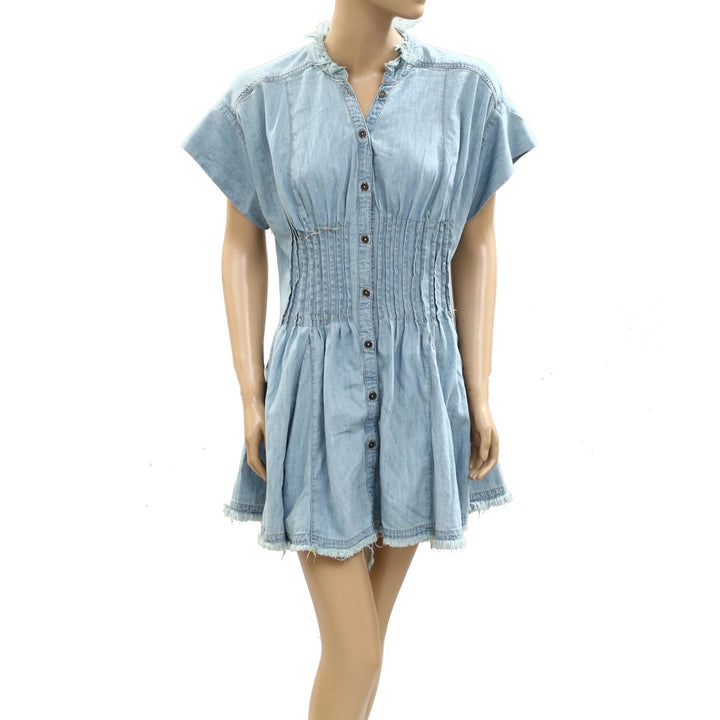 Anthropologie Pilcro Denim Light Shirred-Waist Buttondown Mini Dress