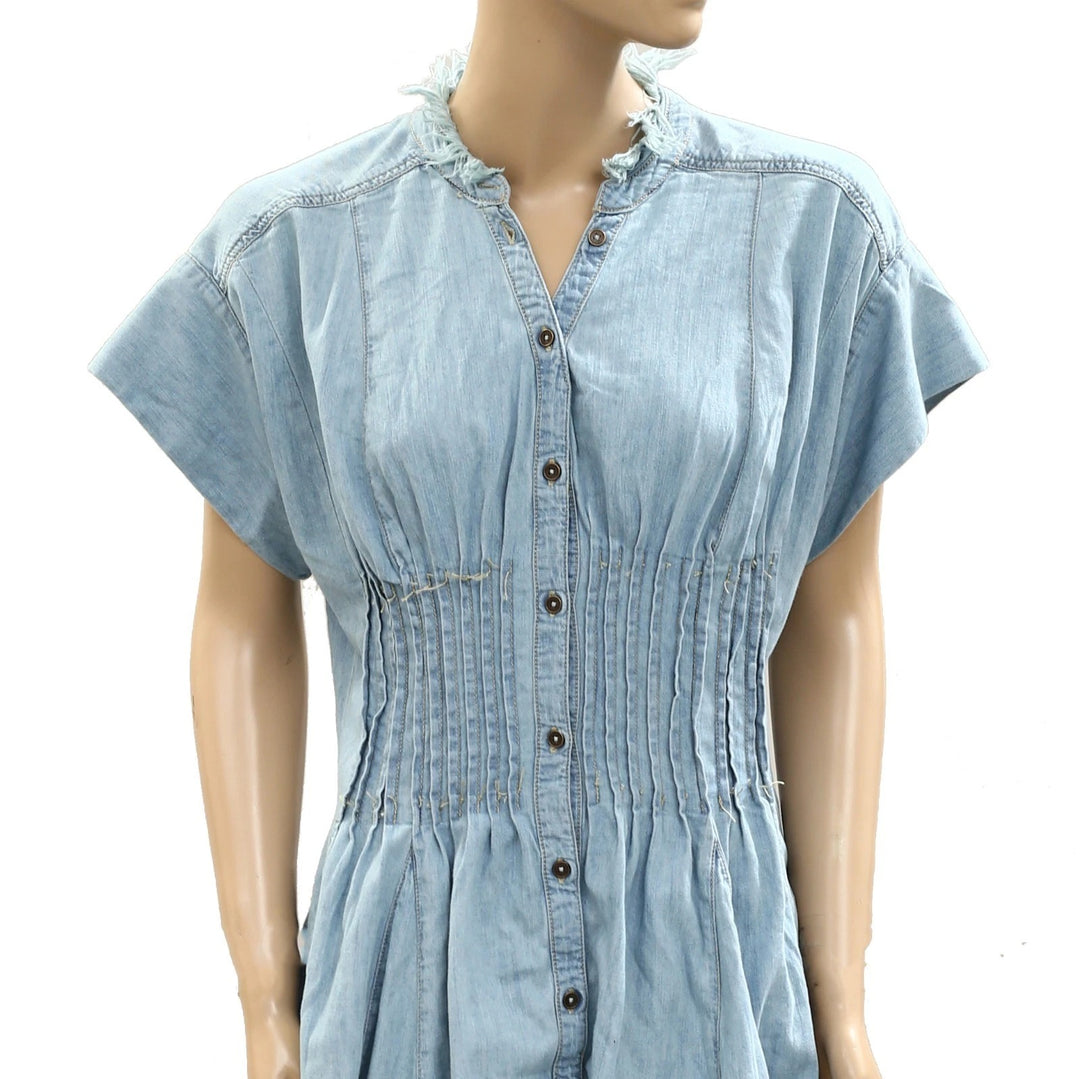 Anthropologie Pilcro Denim Light Shirred-Waist Buttondown Mini Dress