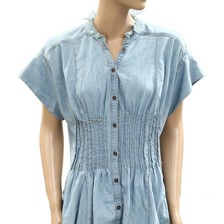 Anthropologie Pilcro Denim Light Shirred-Waist Buttondown Mini Dress