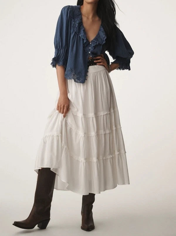 By Anthropologie Linen Blend Lace-Collar Blouse Top