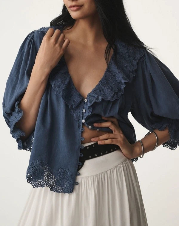 By Anthropologie Linen Blend Lace-Collar Blouse Top
