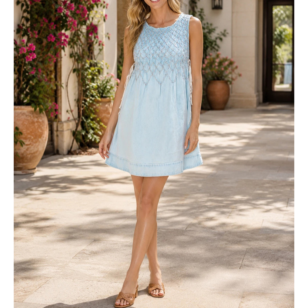 Free People Maisie Smocked Denim Mini Dress – White Chocolate Couture