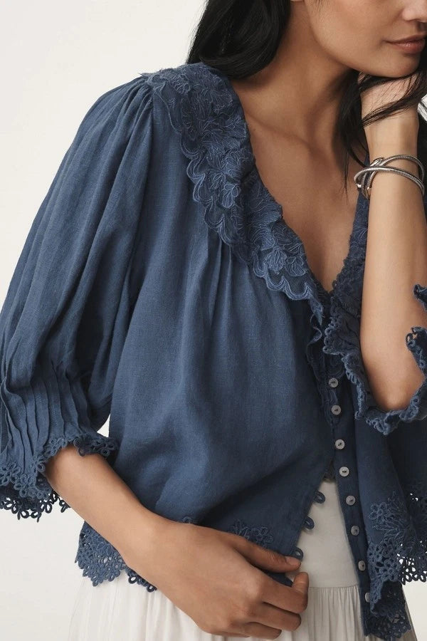 By Anthropologie Linen Blend Lace-Collar Blouse Top