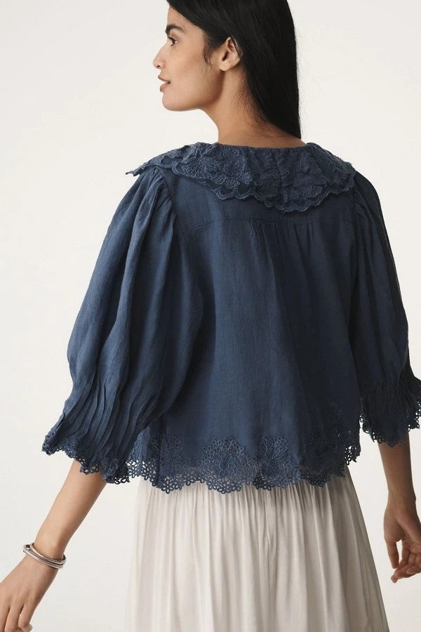By Anthropologie Linen Blend Lace-Collar Blouse Top