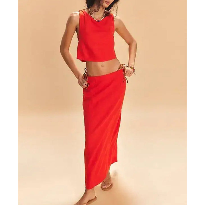 Free People Mon Cheri Linen Blouse Top Maxi Skirt Set
