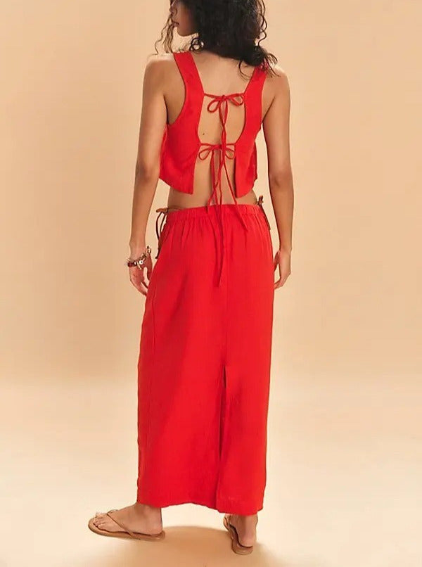 Free People Mon Cheri Linen Blouse Top Maxi Skirt Set