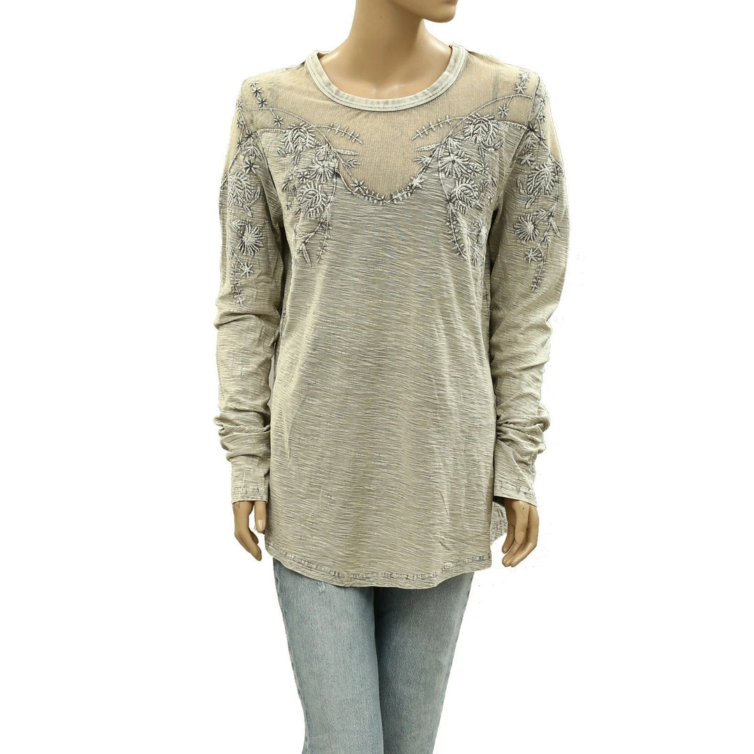 Free people Micha Embellished Mesh Beaded Long Sleeve Tee Blouse Top