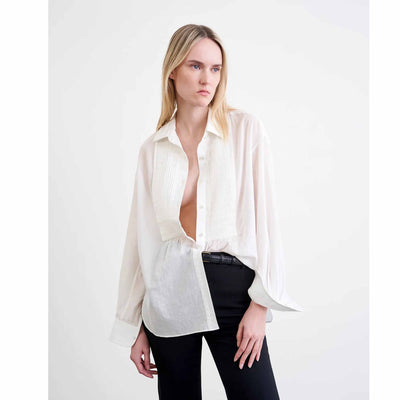 Nili Lotan Daniel Voile Tuxedo Pintucked Buttondown Tunic Shirt Top