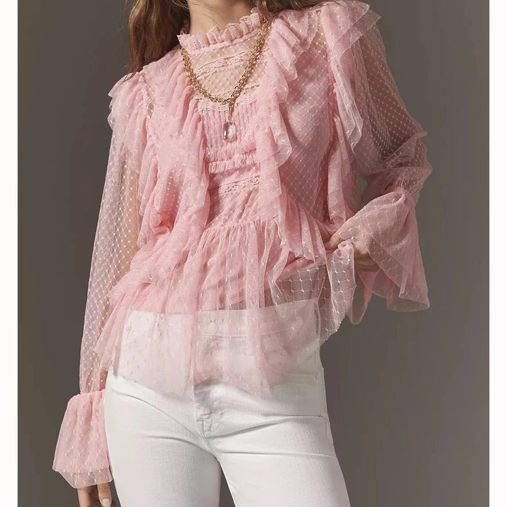 By Anthropologie Long-Sleeve Ruffle Sheer Blouse Top