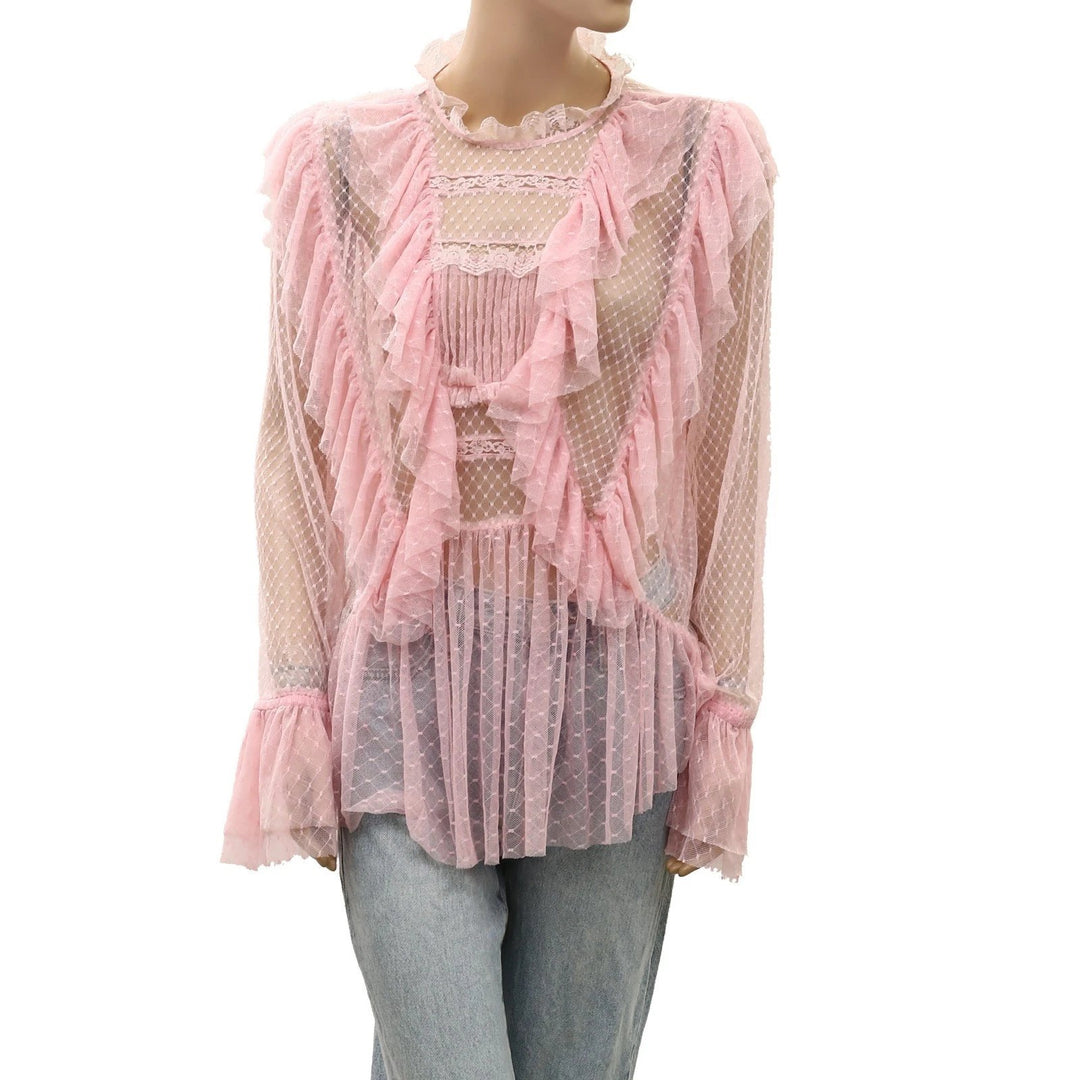 By Anthropologie Long-Sleeve Ruffle Sheer Blouse Top