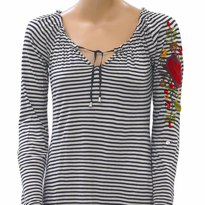 Caite Anthropologie Embroidered Striped Printed Tunic Top