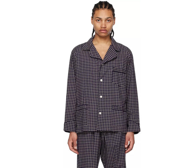 Bode Women's Navy Grid Pyjama Shirt Top