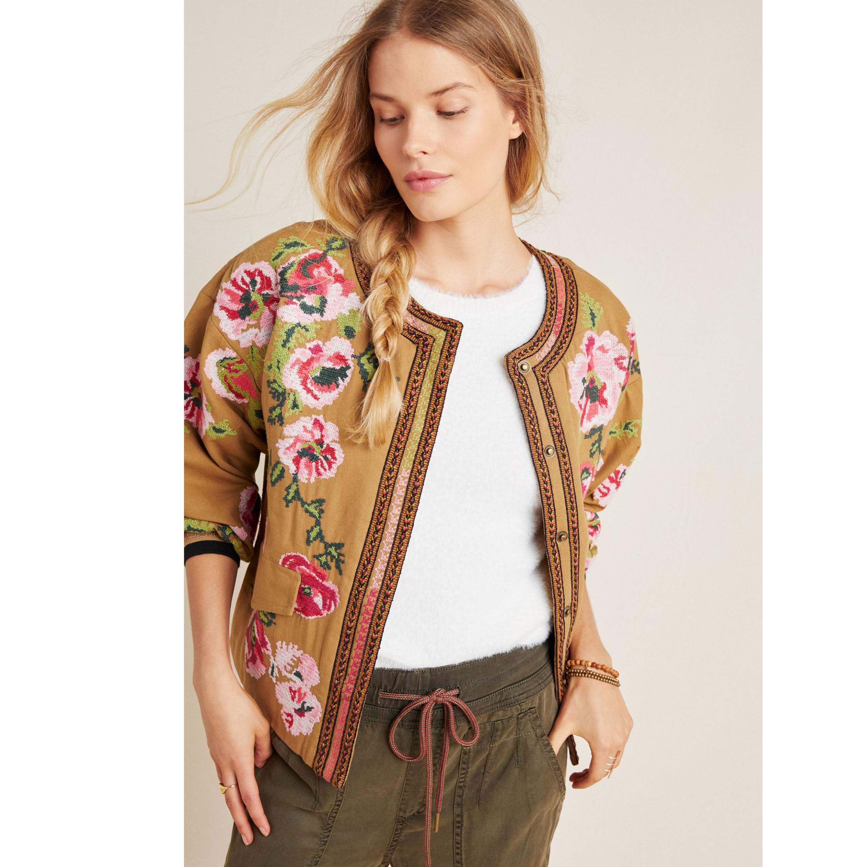 Anthropologie Maeve Needlepoint Bomber Jacket Top S – White