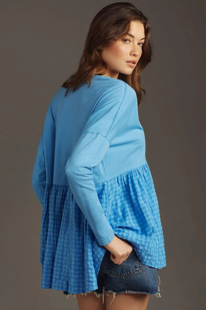 Anthropologie Pilcro Long-Sleeve Babydoll Gingham Blouse Top