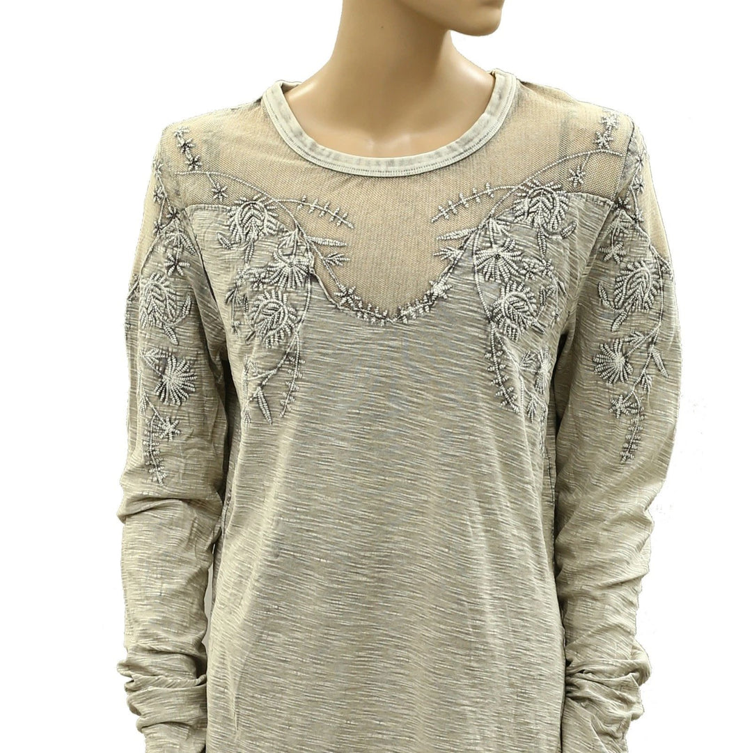Free people Micha Embellished Mesh Beaded Long Sleeve Tee Blouse Top
