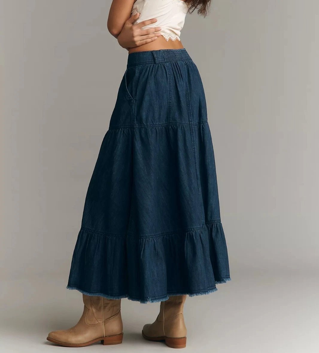 Anthropologie Pilcro Cotton Denim Tiered Midi Skirt
