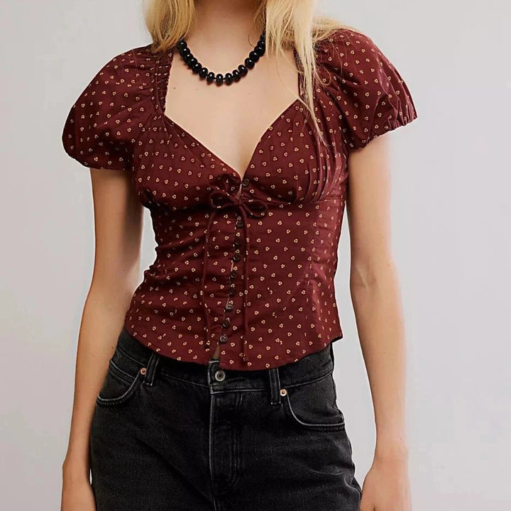 Free People Puff Sleeve Printed Blouse Top