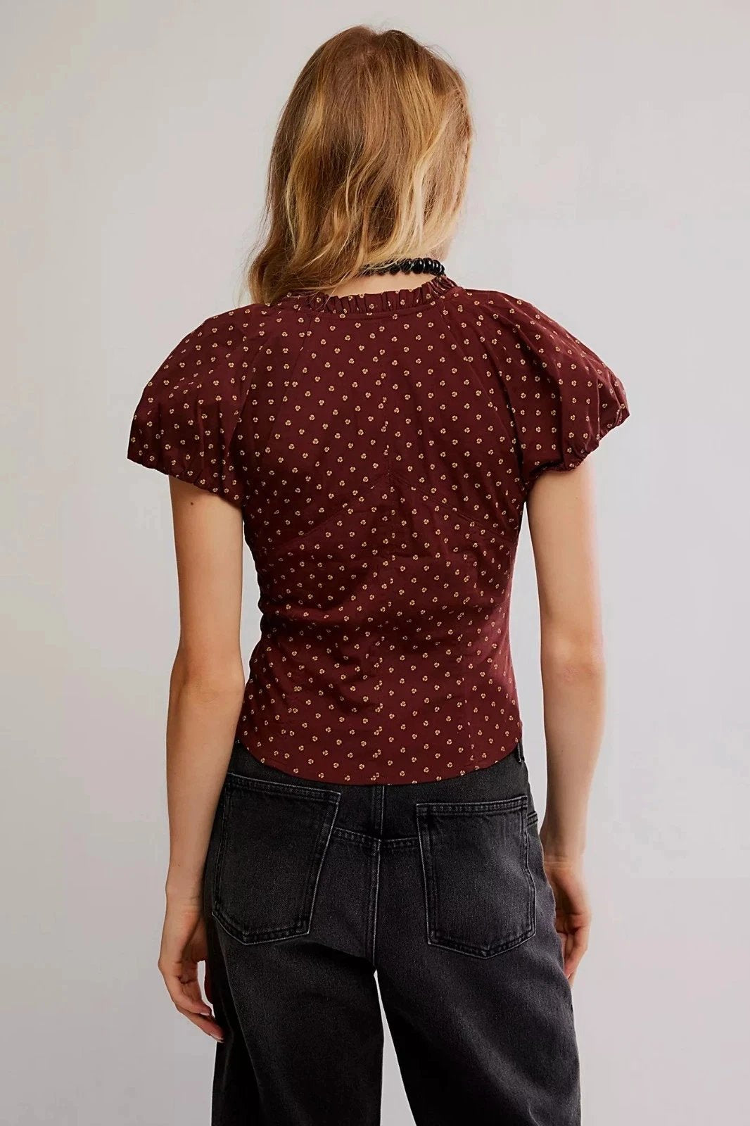 Free People Puff Sleeve Printed Blouse Top