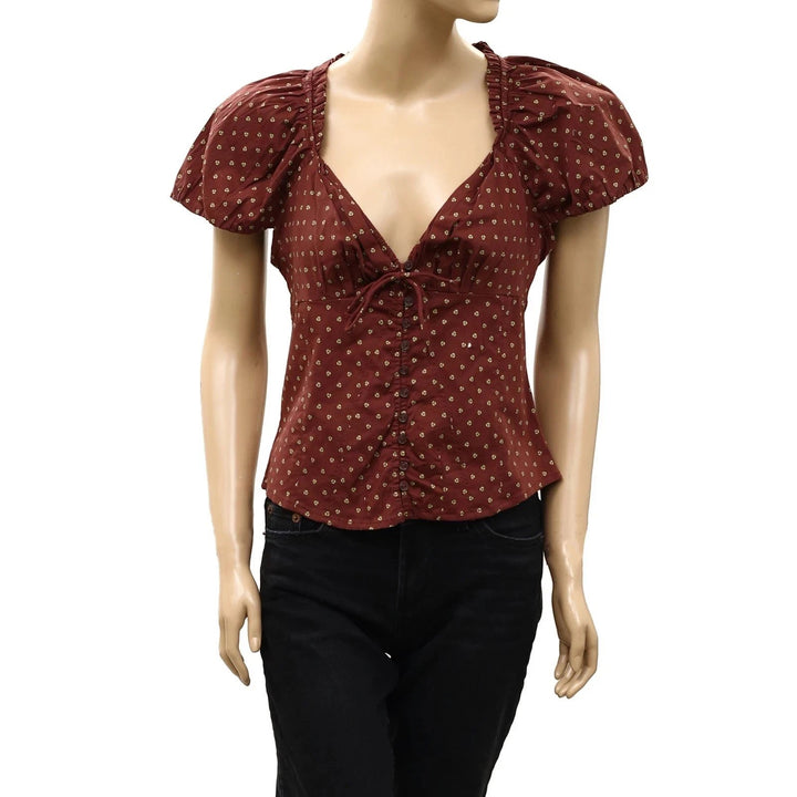 Free People Puff Sleeve Printed Blouse Top