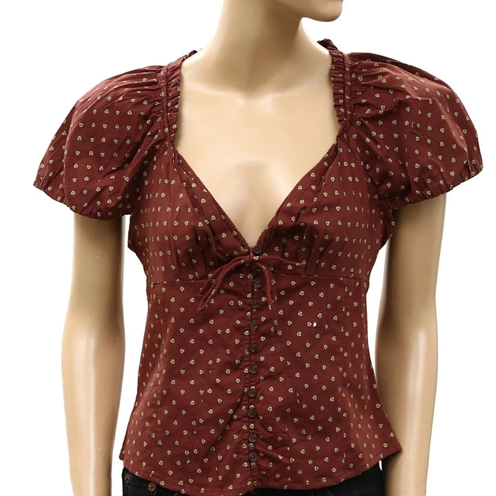 Free People Puff Sleeve Printed Blouse Top