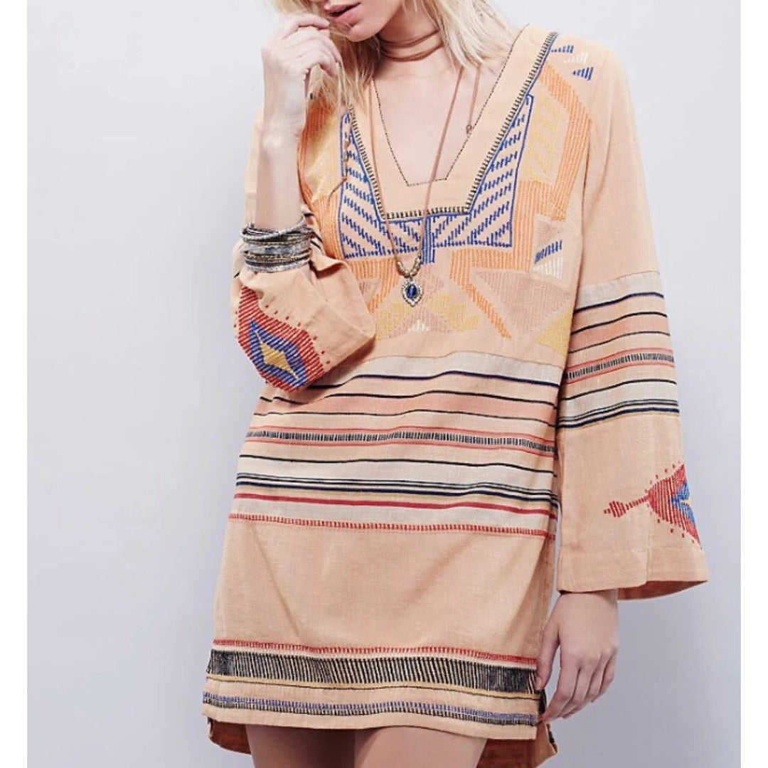 Free People Tribal Embroidered Mini Dress