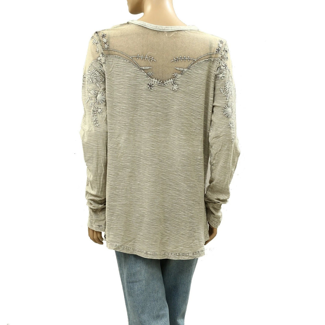 Free people Micha Embellished Mesh Beaded Long Sleeve Tee Blouse Top