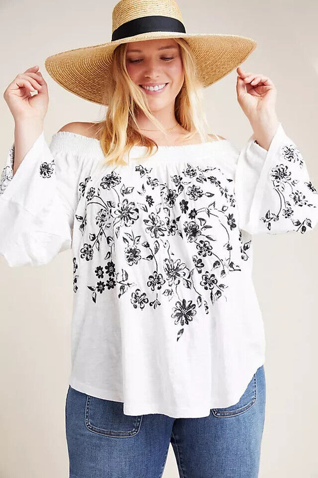 By Anthropologie Annie Embroidered Off-The-Shoulder Blouse Top