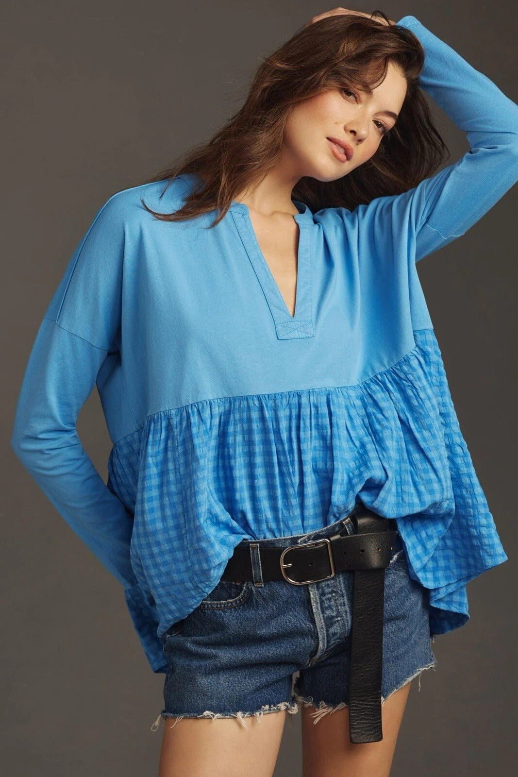 Anthropologie Pilcro Long-Sleeve Babydoll Gingham Blouse Top