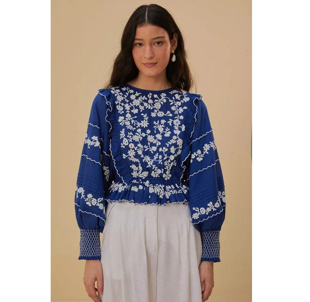 Farm Rio Anthropologie Navy Blue Embroidered Long Sleeve Blouse Top