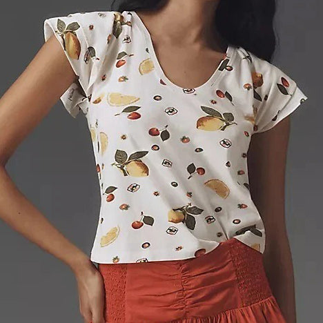 By Anthropologie Maeve Scoop-Neck Flounce-Sleeve Tee Top