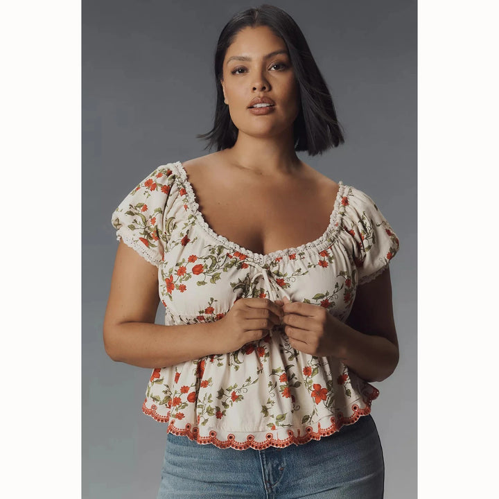 Anthropologie Maeve Short-Sleeve Sweetheart-Neck Peplum Top