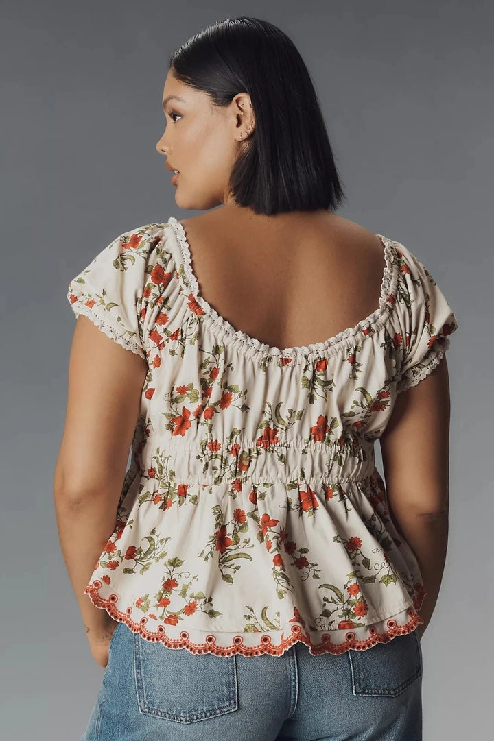 Anthropologie Maeve Short-Sleeve Sweetheart-Neck Peplum Top