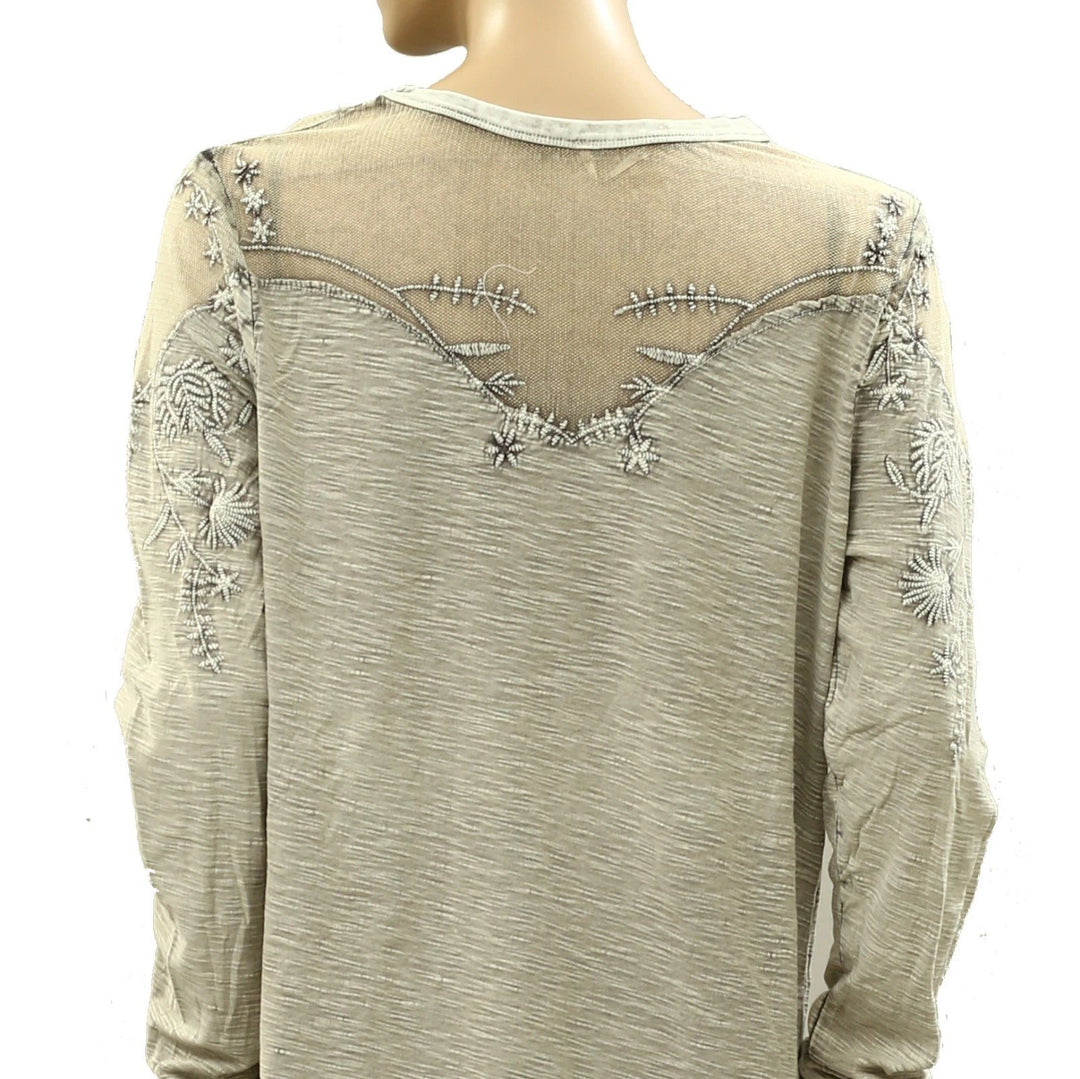 Free people Micha Embellished Mesh Beaded Long Sleeve Tee Blouse Top