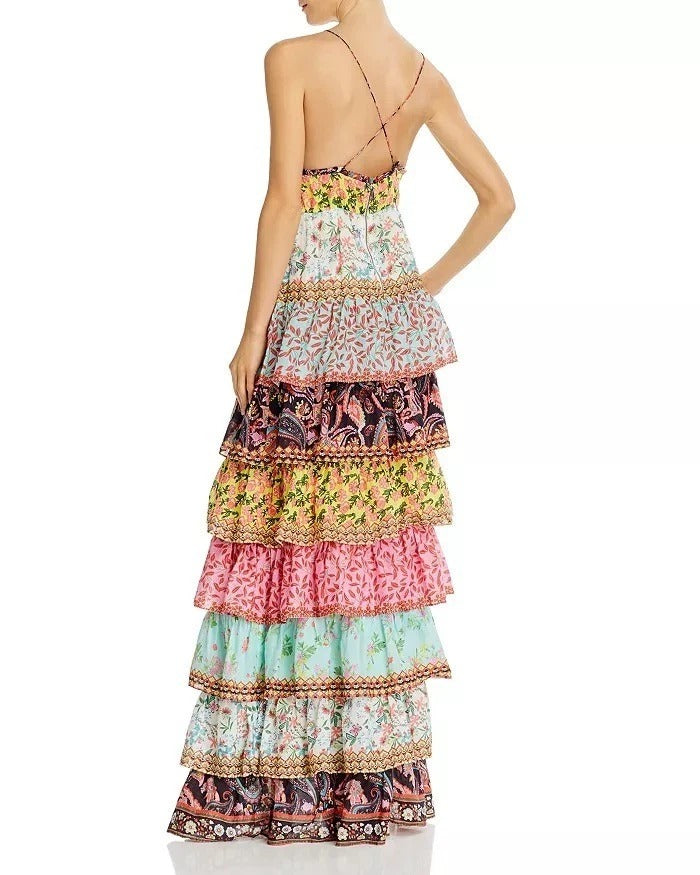 Alice+Olivia Imogene Mixed-Print Tiered Ruffle Maxi Dress