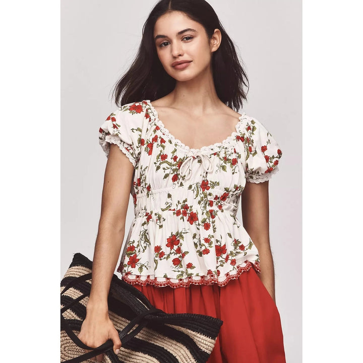 Anthropologie Maeve Short-Sleeve Sweetheart-Neck Peplum Top