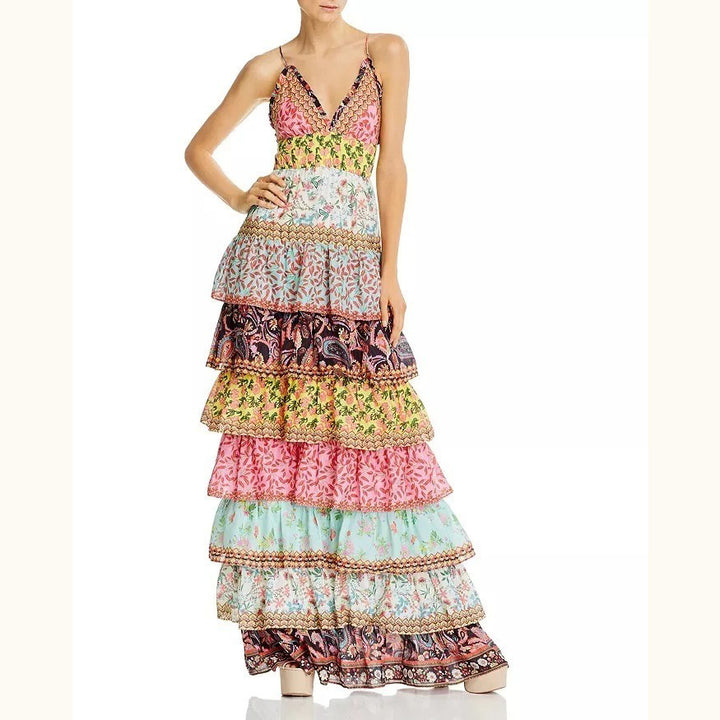 Alice+Olivia Imogene Mixed-Print Tiered Ruffle Maxi Dress