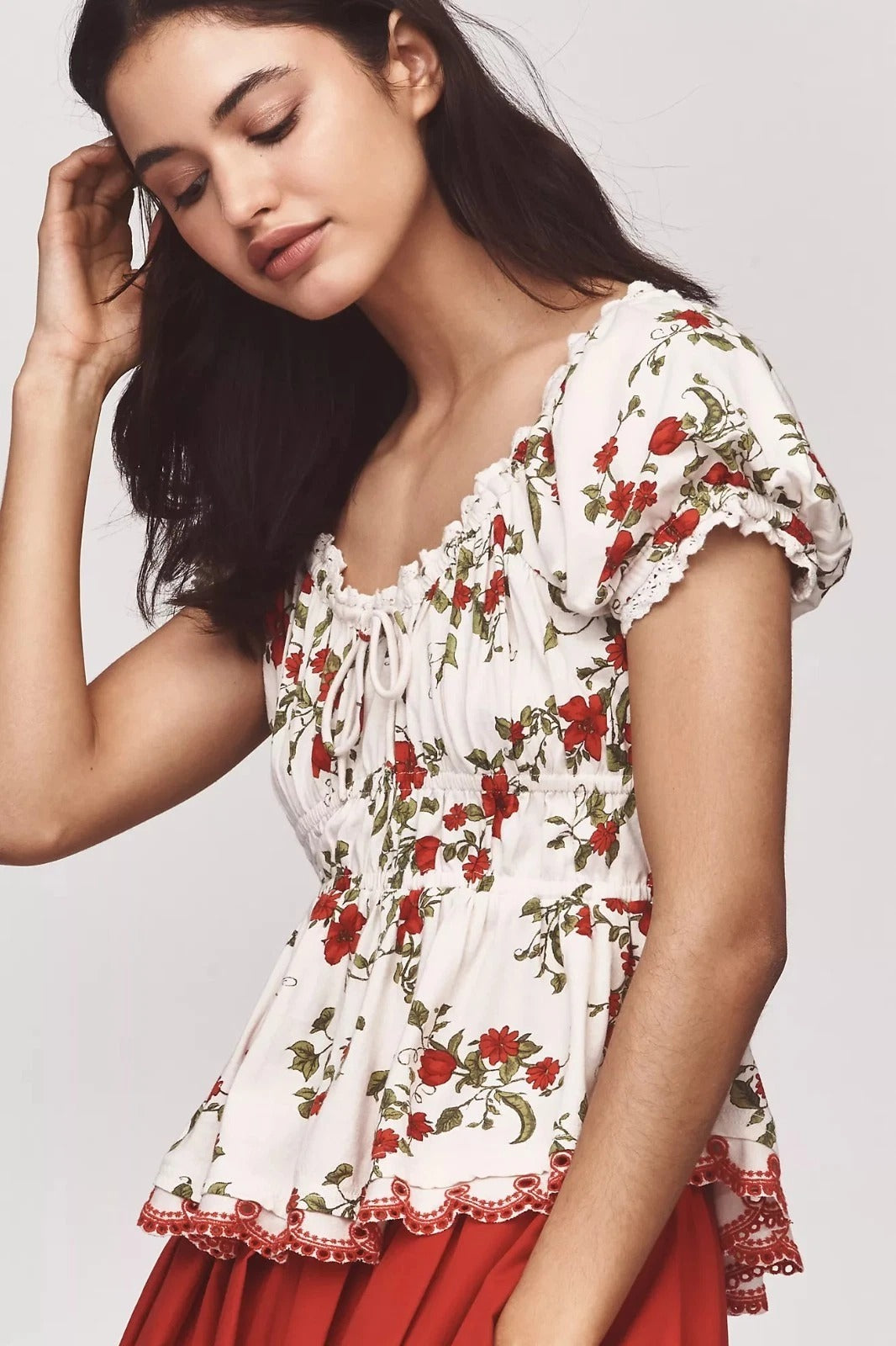 Anthropologie Maeve Short-Sleeve Sweetheart-Neck Peplum Top