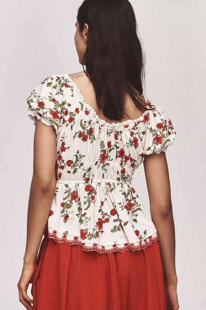 Anthropologie Maeve Short-Sleeve Sweetheart-Neck Peplum Top