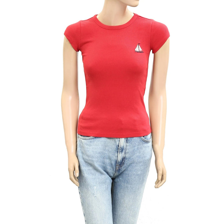 Anthropologie Maeve Embroidered Baby Tee Blouse Top