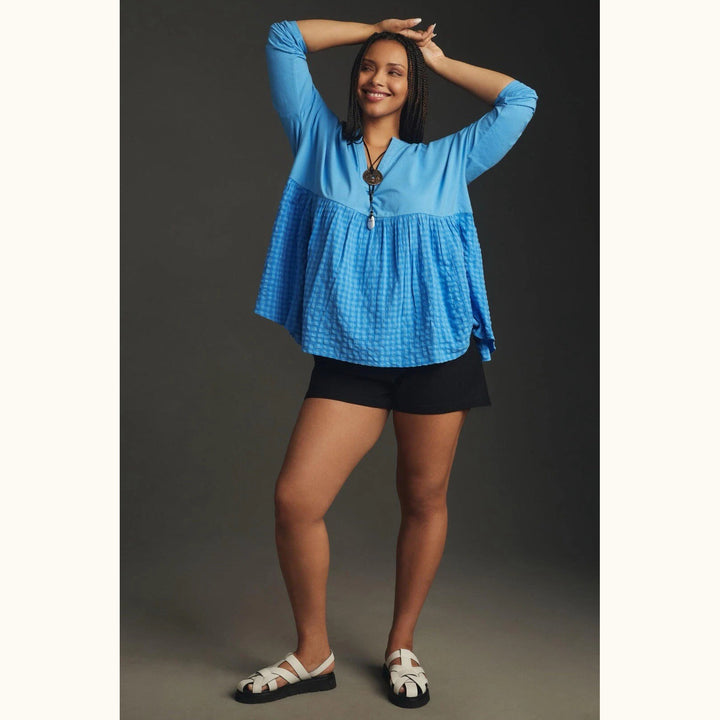 Anthropologie Pilcro Long-Sleeve Babydoll Gingham Blouse Top