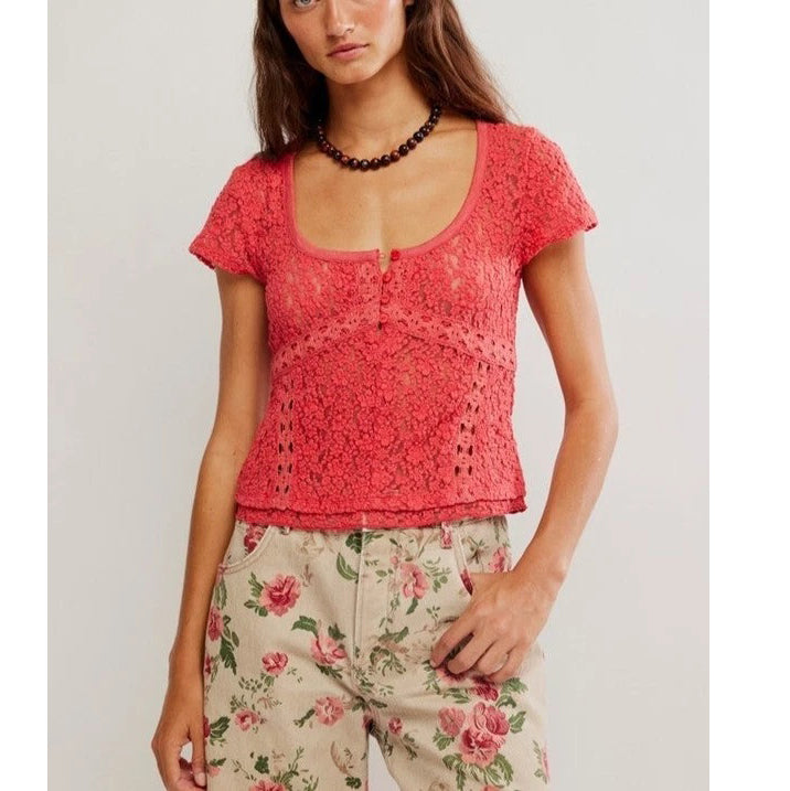 Free People Claro Lace Tee Women's Blouse Top