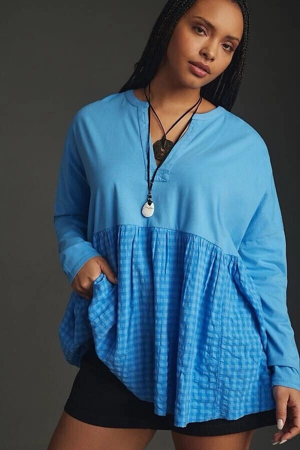 Anthropologie Pilcro Long-Sleeve Babydoll Gingham Blouse Top