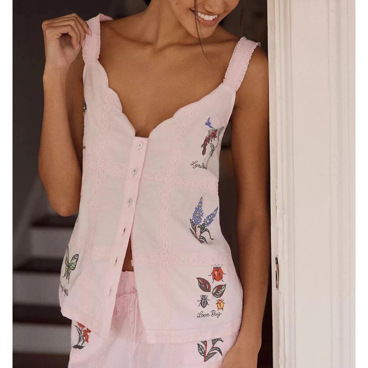 Anthropologie LyreBird Sleeveless Embroidered Buttondown Top