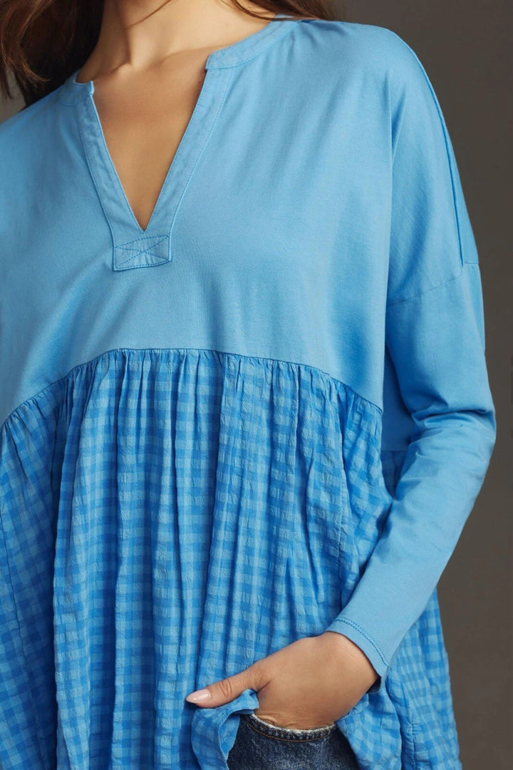 Anthropologie Pilcro Long-Sleeve Babydoll Gingham Blouse Top