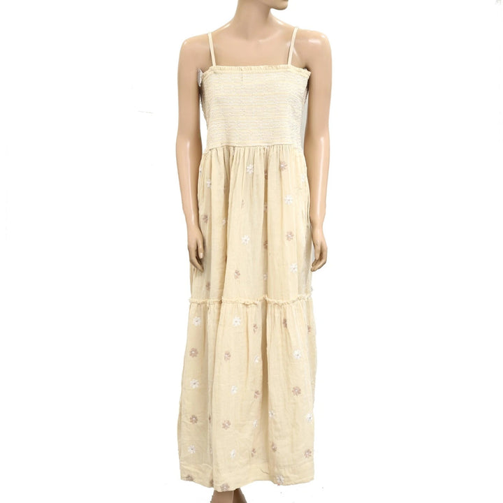 Free People Floral Embroidered Smocked Long Maxi Dress