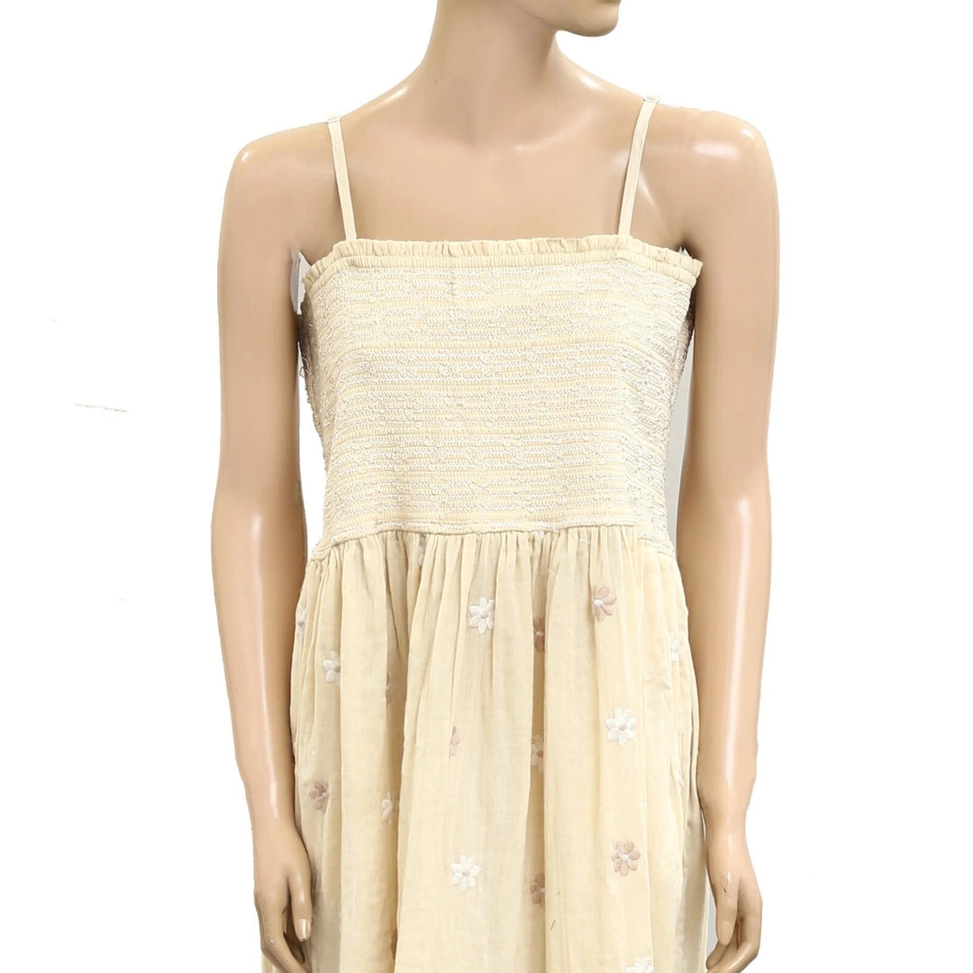 Free People Floral Embroidered Smocked Long Maxi Dress