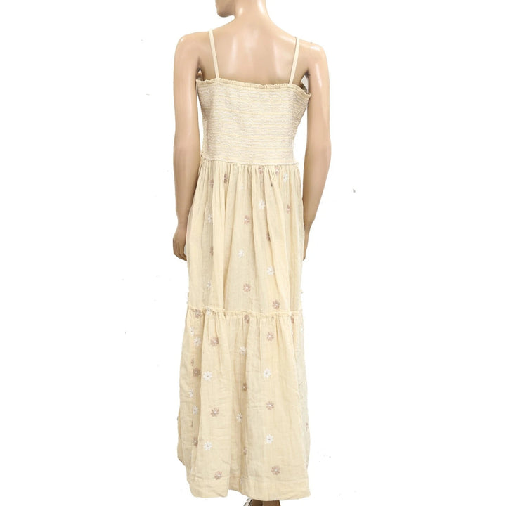 Free People Floral Embroidered Smocked Long Maxi Dress