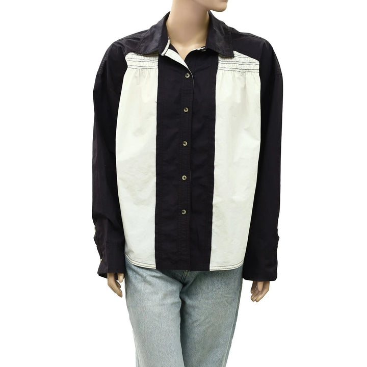 Free People We The Free Colorblock Smocked Buttondown Shirt Top