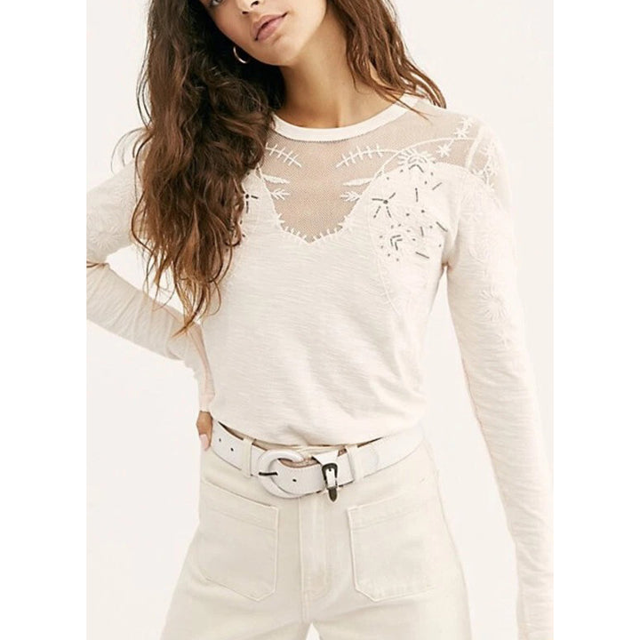Free people Micha Embellished Mesh Beaded Long Sleeve Tee Blouse Top